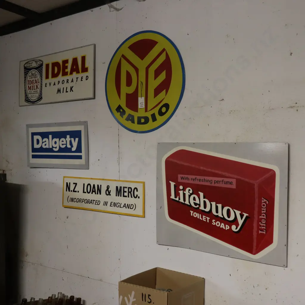 5x Ray Bovey Handpainted Signs Ideal, PYE, Dalgety, NZ Loan, Lifebuoy. Image 1++