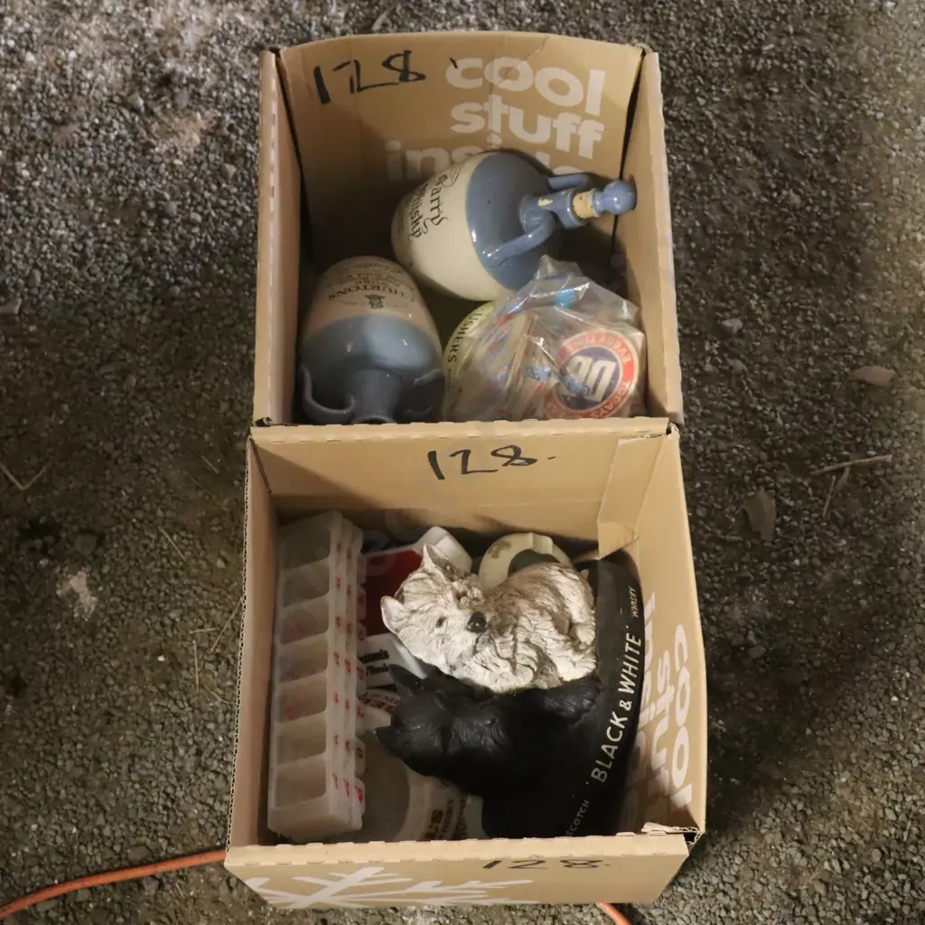 2X Boxes Of Whiskey Collectables, Black and White Dogs, Ashtrays Ect. Image 1++