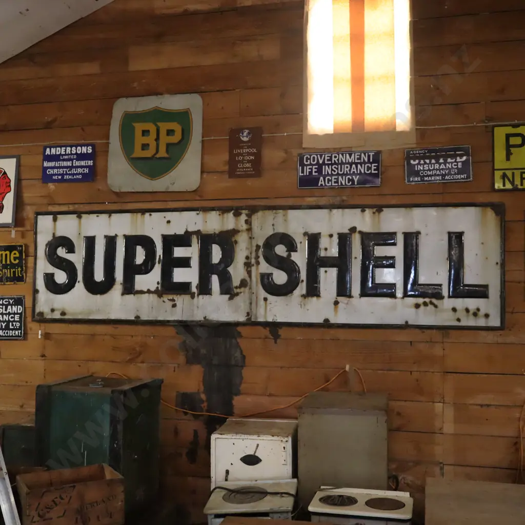 Large 2 Piece 12 Foot x 3 Foot Super Shell Enamel Sign Image 1++