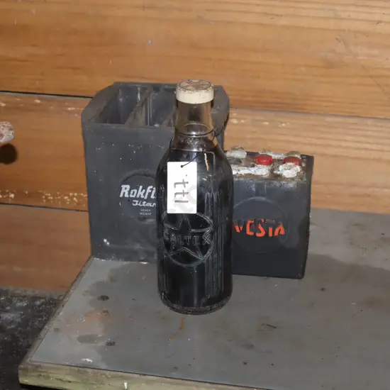 Rokfire Battery, Vesta Battery And Caltex Fatboy Oil Bottle