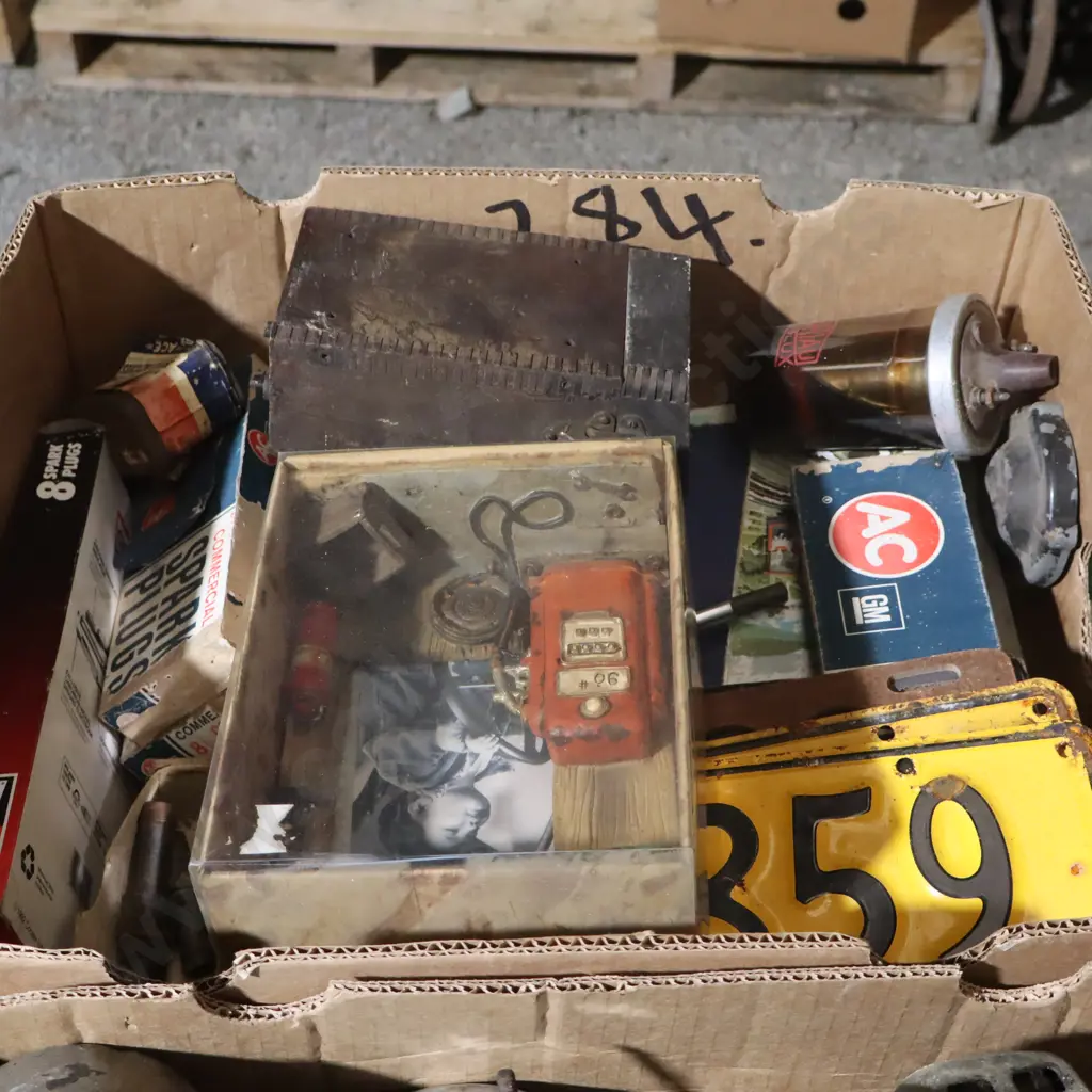 Box Automobilia, License Plates, Spark Plugs, Books Ect Image 1++