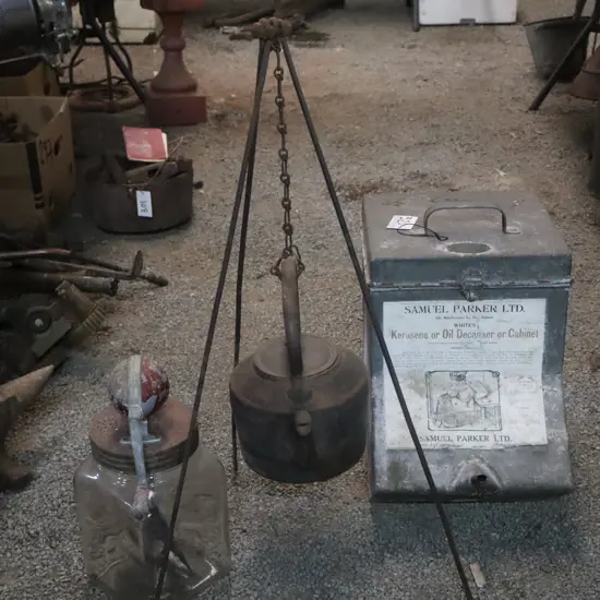 Oil Decanter, Butter Churn, Camp Kettle