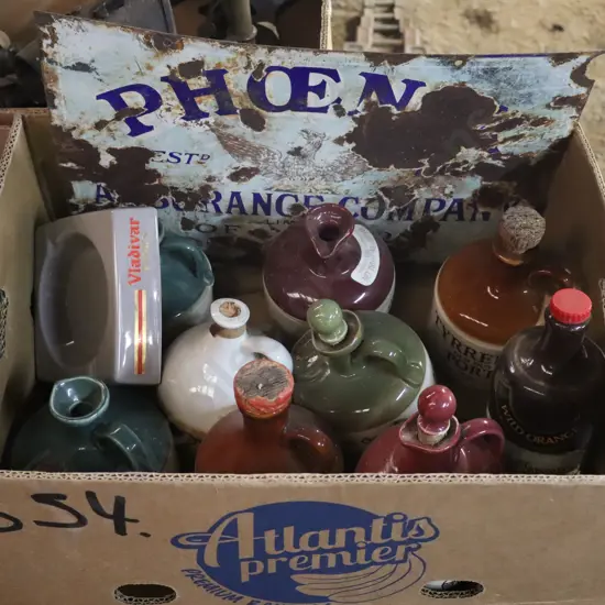 9X Whiskey Jugs And Enamel Sign