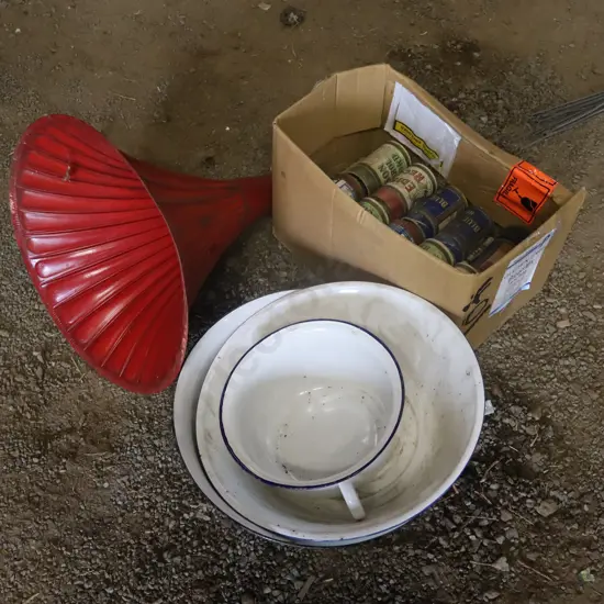 Gramaphone Horn, Reels and Enamel Ware