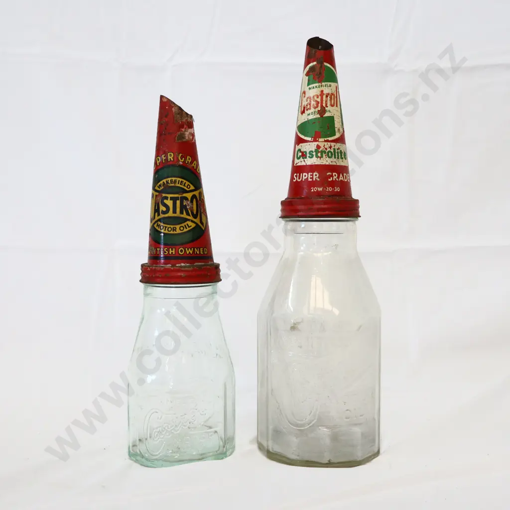 2 x Castrol Oil Bottes Pint and Quart With Tin Tops Image 1++