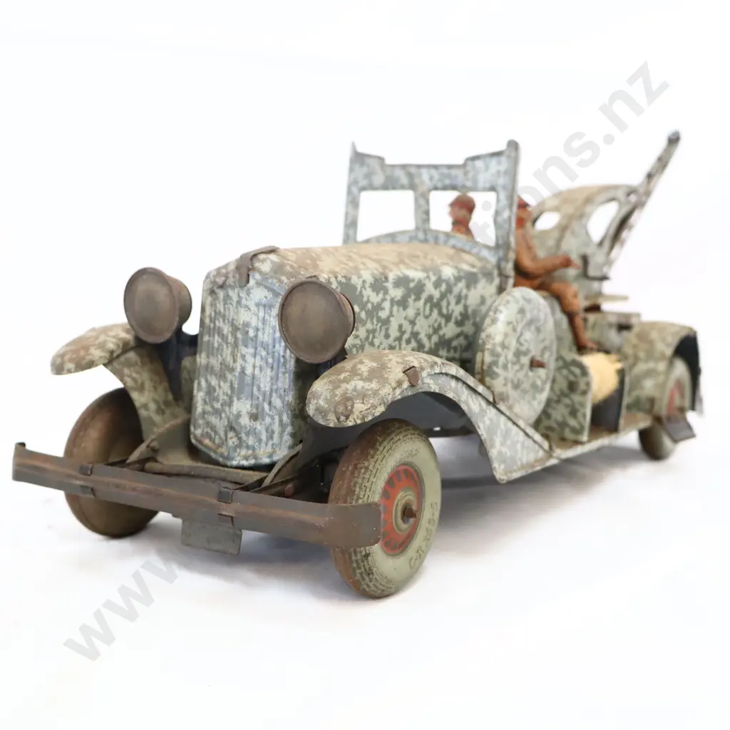 RARE FRENCH WW1 ERA Tin Plate Clock Work Toy Truck Camouflaged Milltary Image 1++