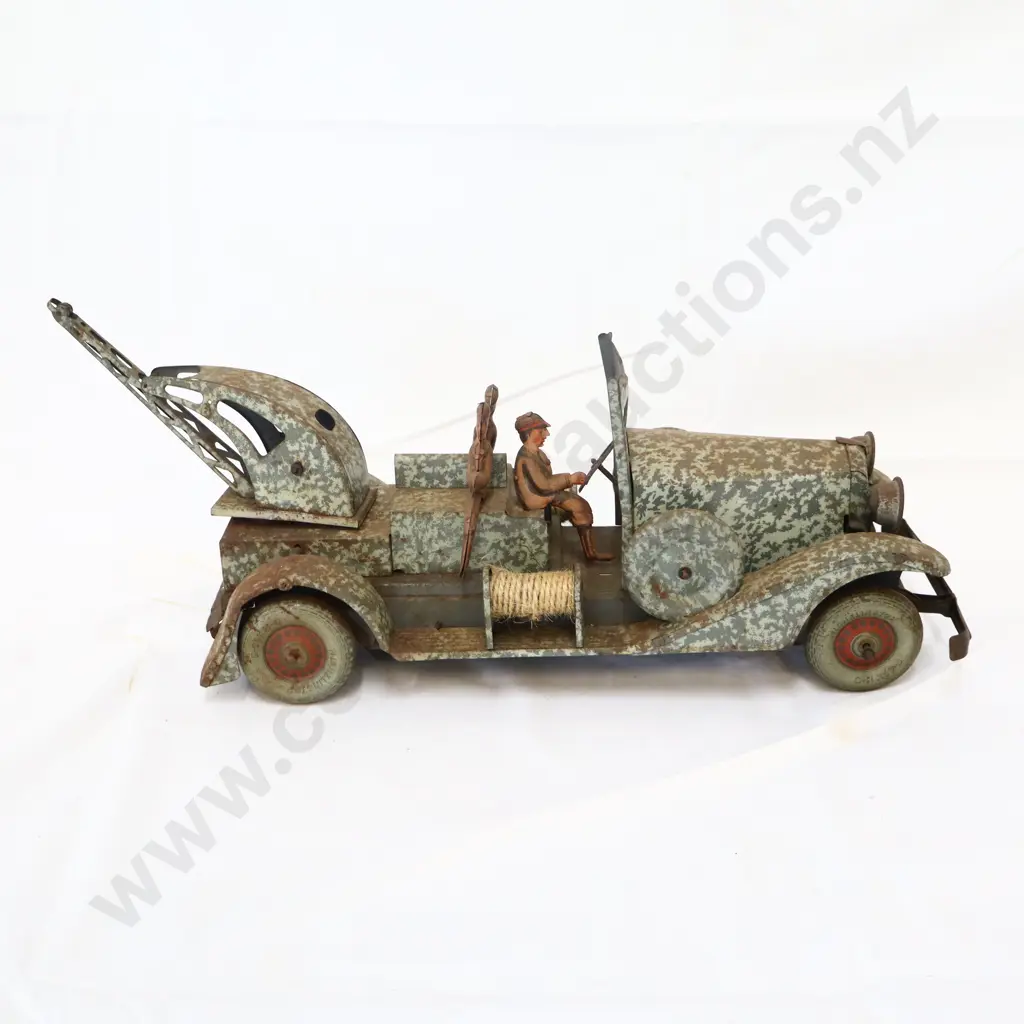 RARE FRENCH WW1 ERA Tin Plate Clock Work Toy Truck Camouflaged Milltary Image 1++