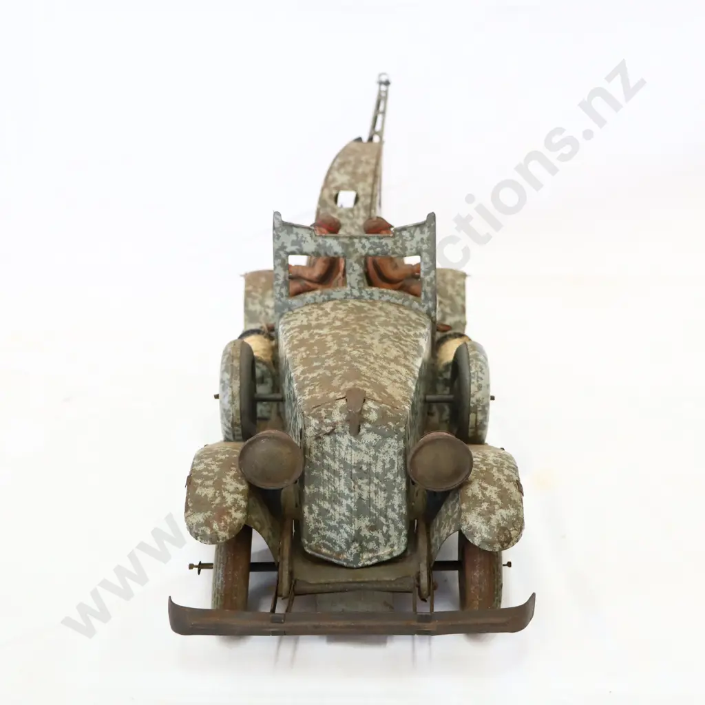 RARE FRENCH WW1 ERA Tin Plate Clock Work Toy Truck Camouflaged Milltary Image 1++