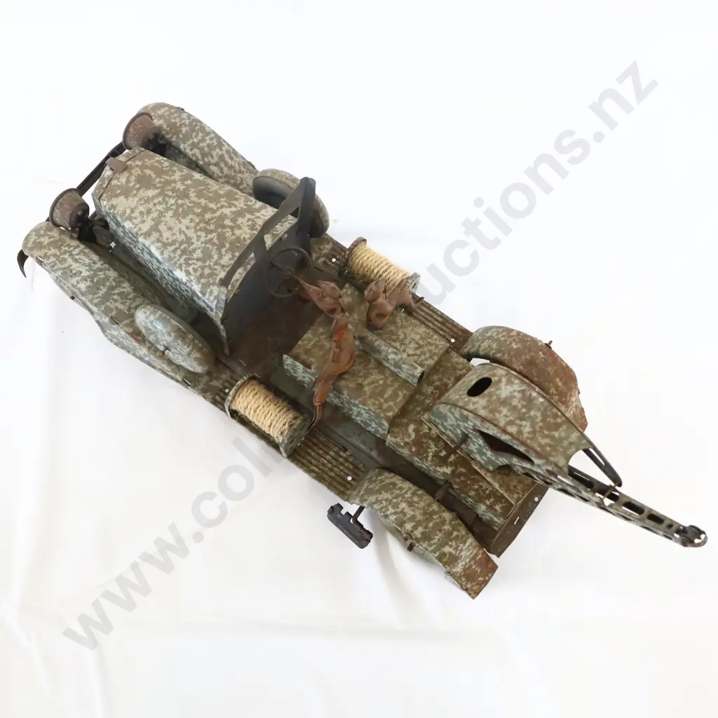 RARE FRENCH WW1 ERA Tin Plate Clock Work Toy Truck Camouflaged Milltary Image 1++
