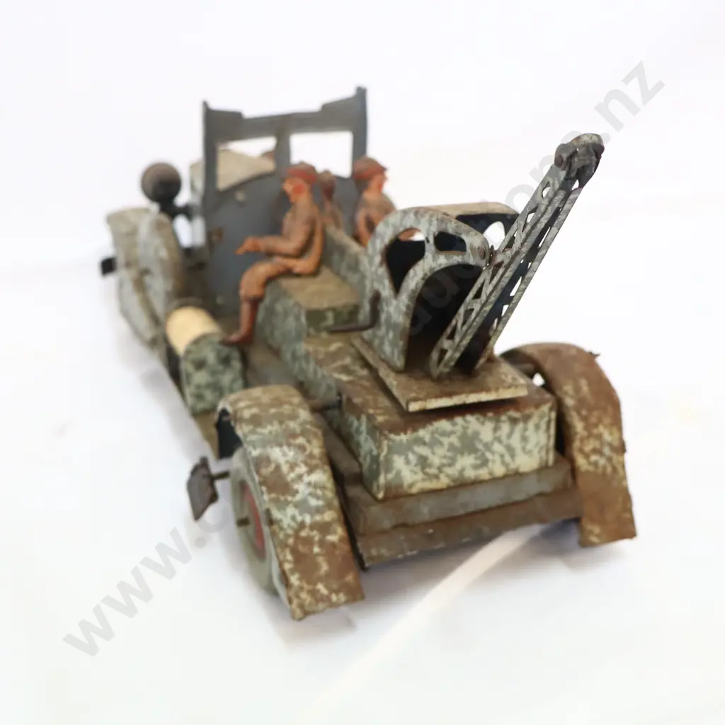 RARE FRENCH WW1 ERA Tin Plate Clock Work Toy Truck Camouflaged Milltary Image 1++