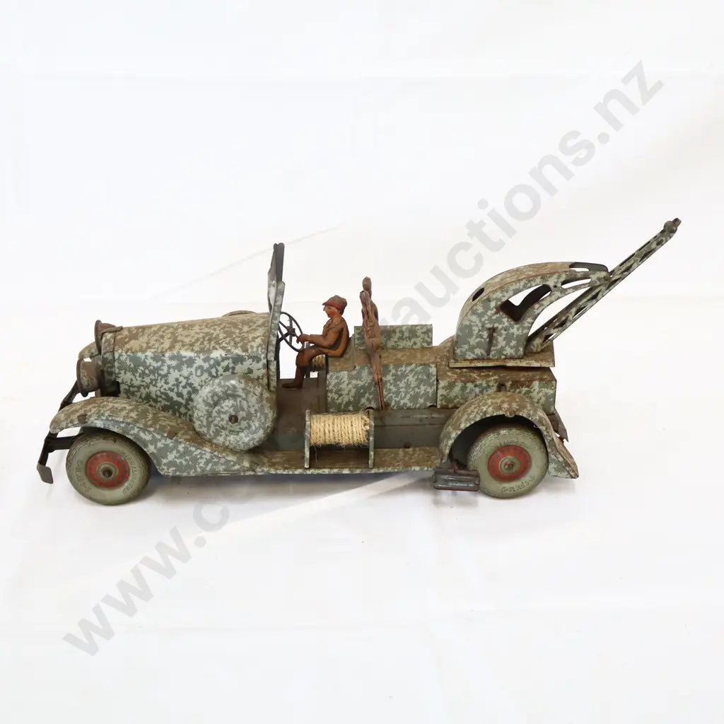 RARE FRENCH WW1 ERA Tin Plate Clock Work Toy Truck Camouflaged Milltary Image 1++