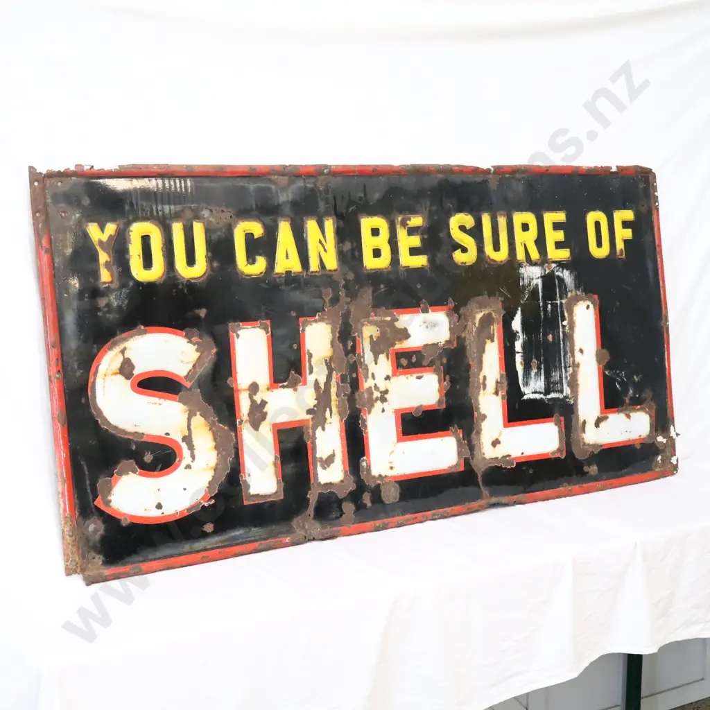 LARGE 6x3 Foot EARLY You Can Be Sure Of Shell Embossed Enamel Sign Image 1++