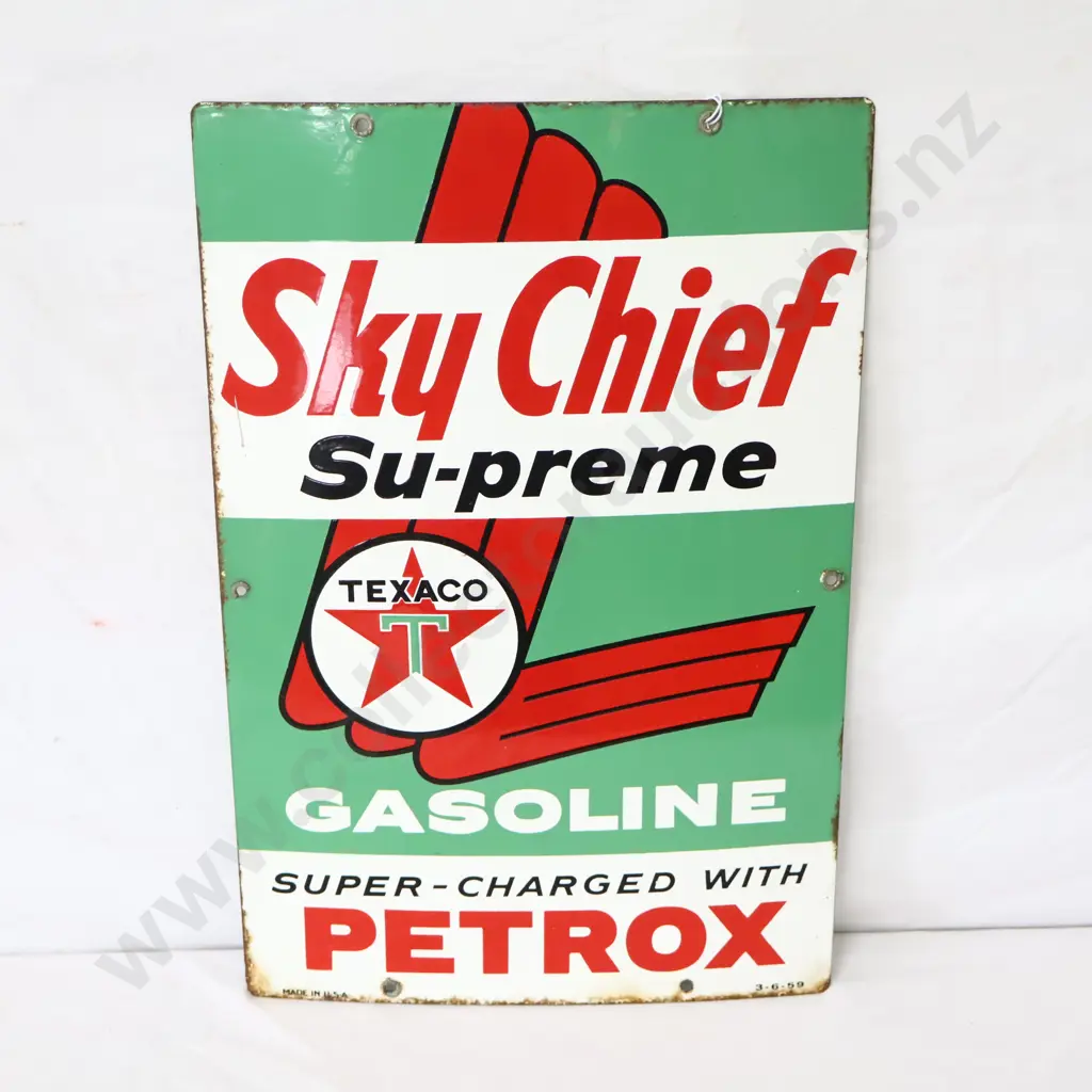Texaco Skychief Supreme Supercharged With Petrox Enamel Bowser Sign Dated 1959 Image 1++