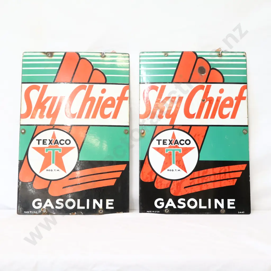 A Pair Of Texaco Sky Chief Gasoline Enamel Bowser Signs (Taken Of The Same Pump) Dated 1947 Image 1++