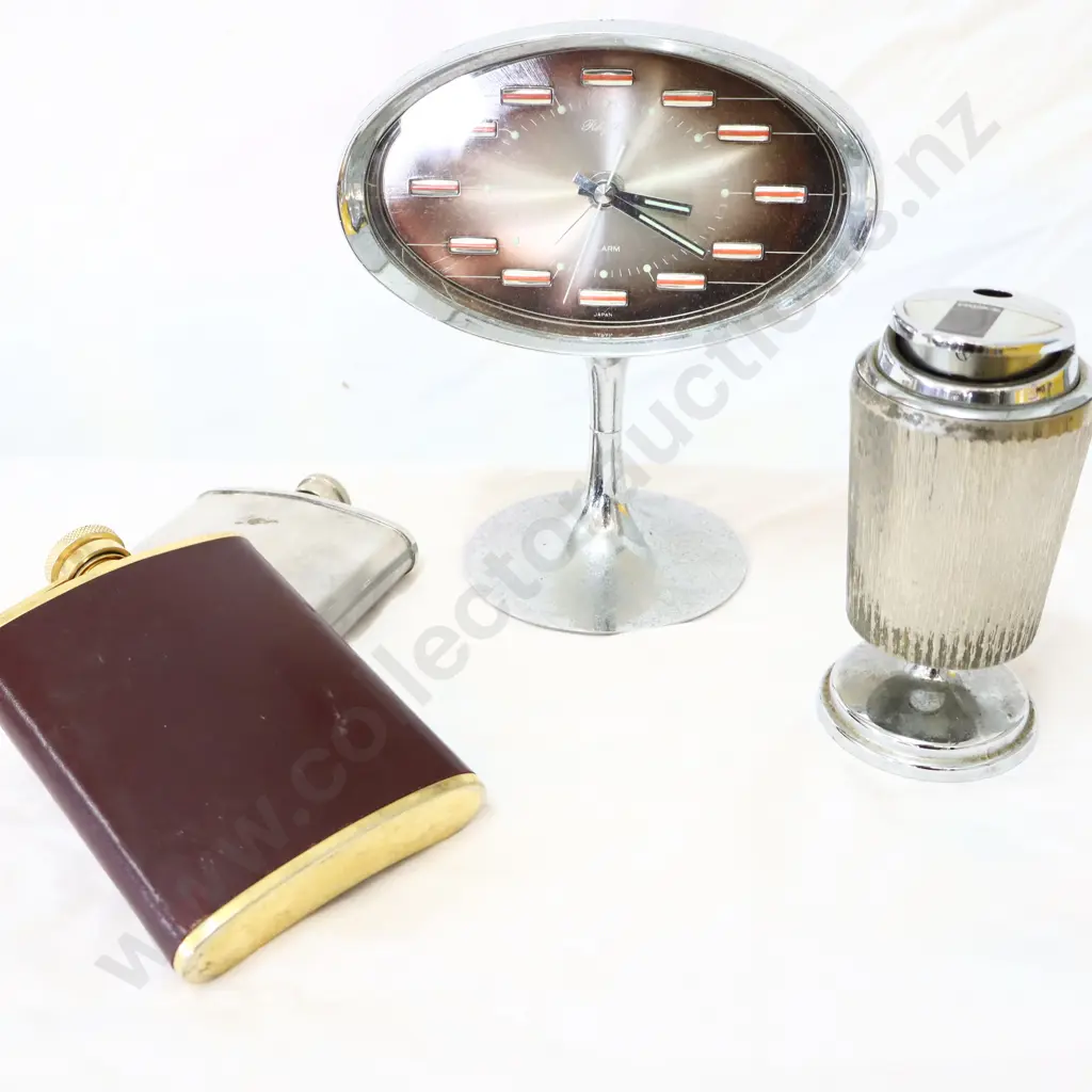 Assorted  Items, Clock, lighter  2x flasks Image 1++