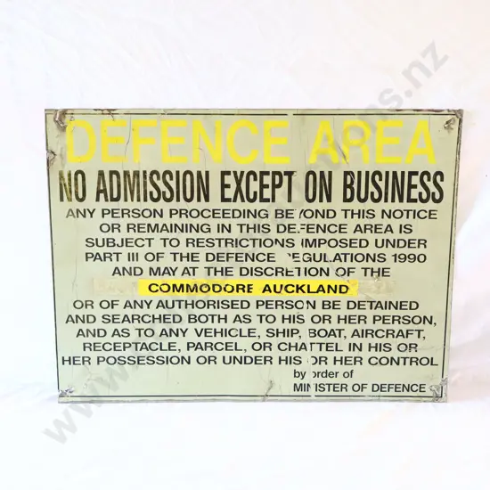 Auckland Defence Area Tin Sign
