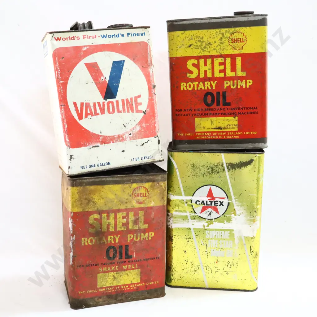 Shell, Valvoline, Shell Rotary Pump Oil And Caltex Oil Tins Image 1++