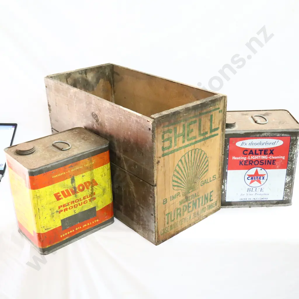 Shell Petrol Box, Caltex Kerosene And Europa Oil Tins Image 1++
