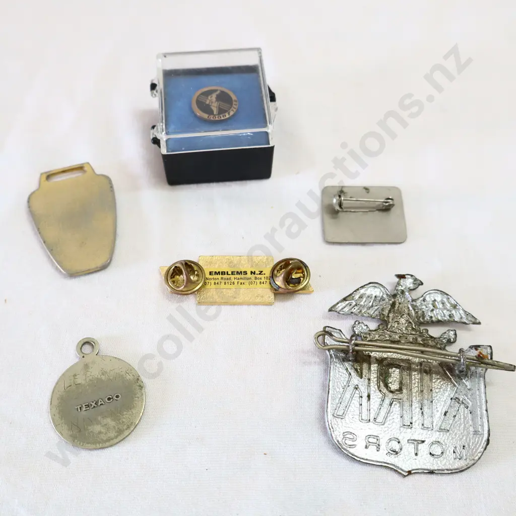Kirk Motor's Hat Badge, WRA Enamel Badge, Goodyear Pin, Texaco, Rover And Taupo Chevy. Image 1++