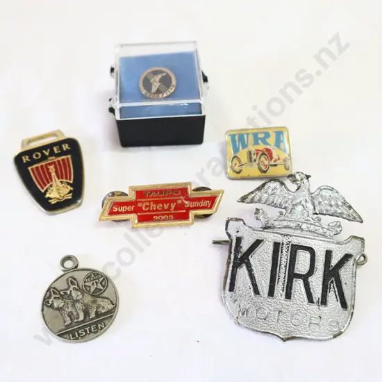 Kirk Motor's Hat Badge, WRA Enamel Badge, Goodyear Pin, Texaco, Rover And Taupo Chevy.