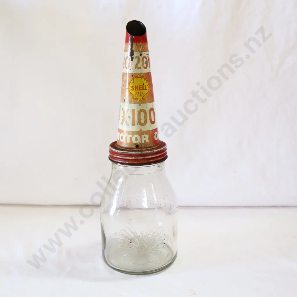 EARLY Shell 1 Pint Oil Bottle + Shell X100 Tin Top Image 1++