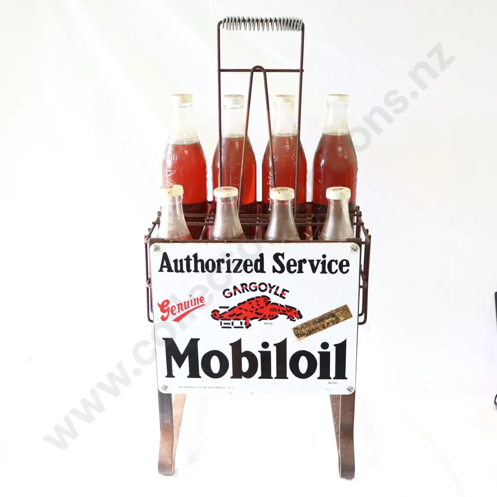Mobil Oil Bottle Rack, 2 Enamel Signs, 4 Mobil Pint Bottles, 4 Mobil Quart Bottles And Caps. Image 1++