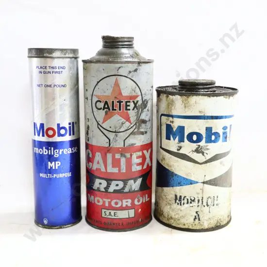 Mobil Oil Tin, Caltex RPM Tin And Mobil Grease Tube.
