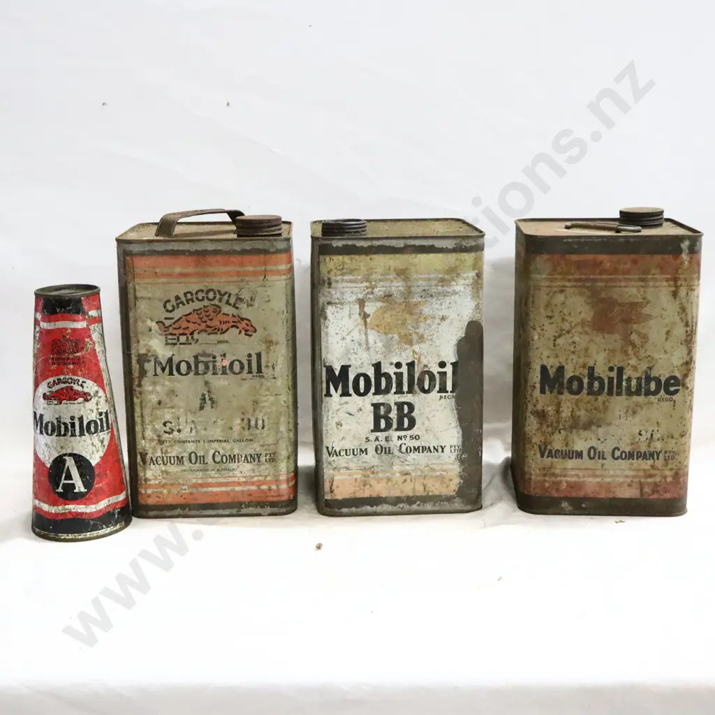 Mobil Oil Tins x 3 + Gargoyle Mobil Oil Conicle Tin Image 1++