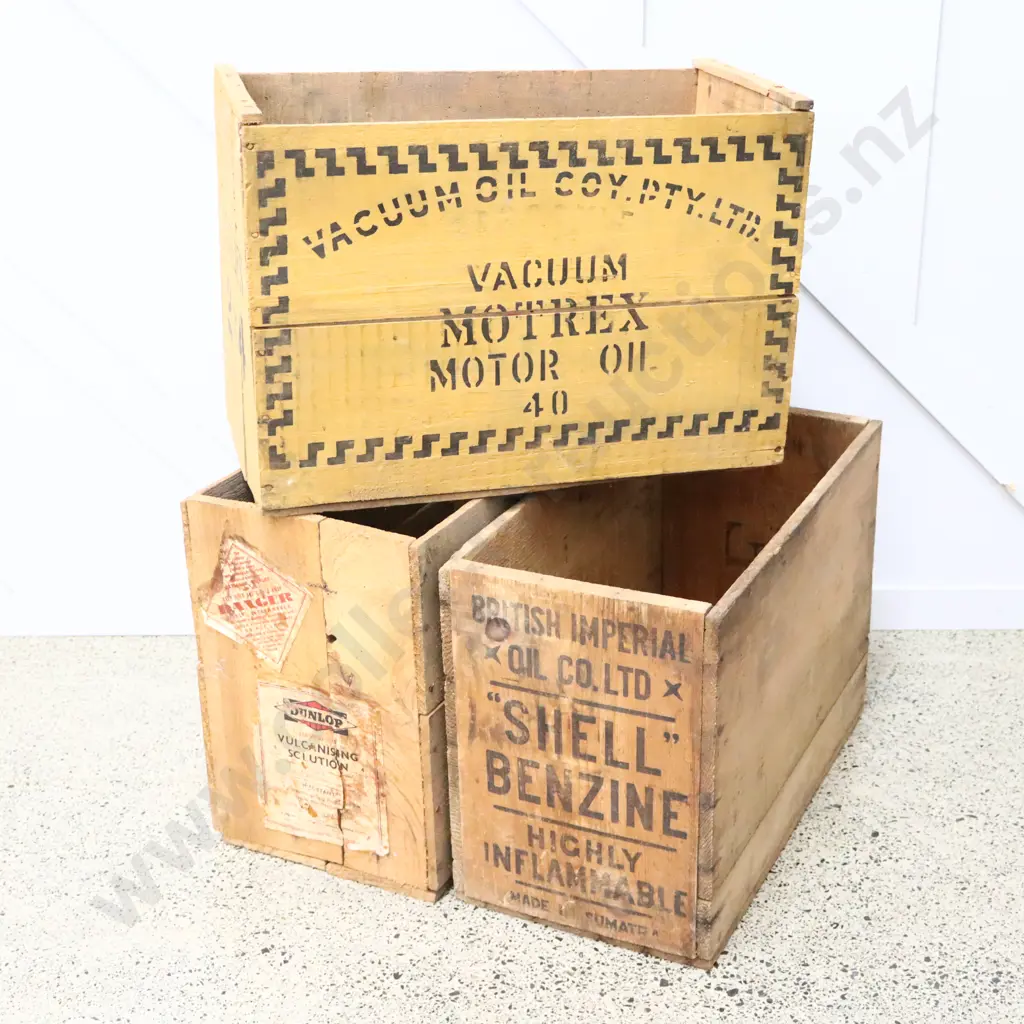 Shell Benzine, Vacuum Oil Compay and Dunlop Petrol Boxes Image 1++