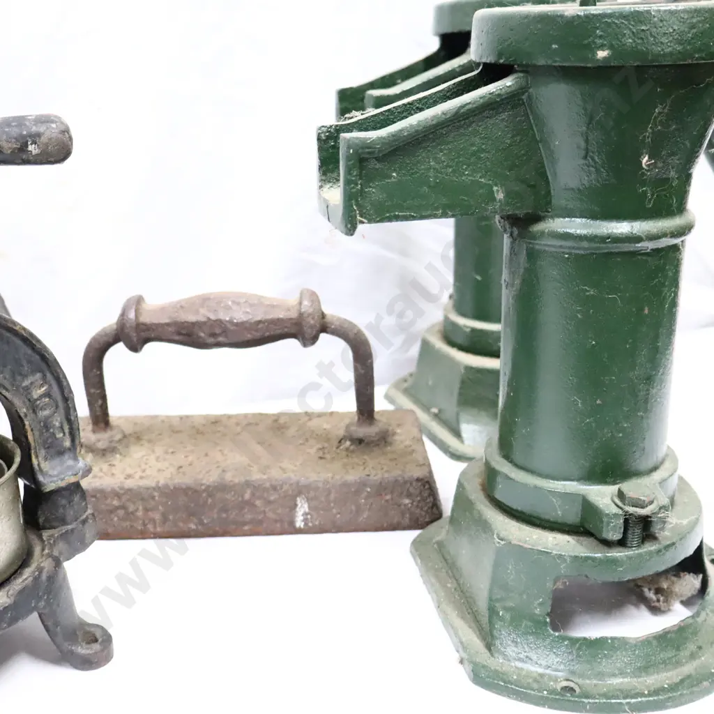 Cast Iron Collectables, Early Meat Press, Early Billards Table Press, Leather Working Tool and Water Pumps Image 1++