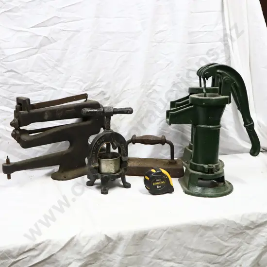 Cast Iron Collectables, Early Meat Press, Early Billards Table Press, Leather Working Tool and Water Pumps