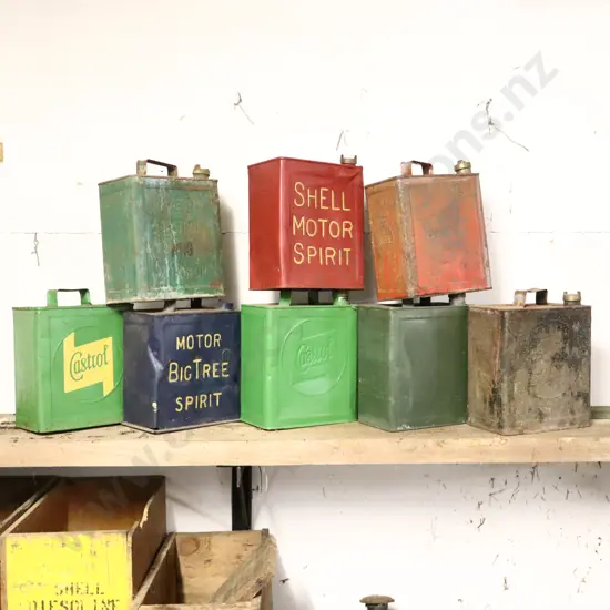 2 Gallon Runnerboard Tins x 8. Big Tree, Castrol x 3, Aussie Military D^D, Shell X100, Shell Motor Spirit, Wakefield Cas