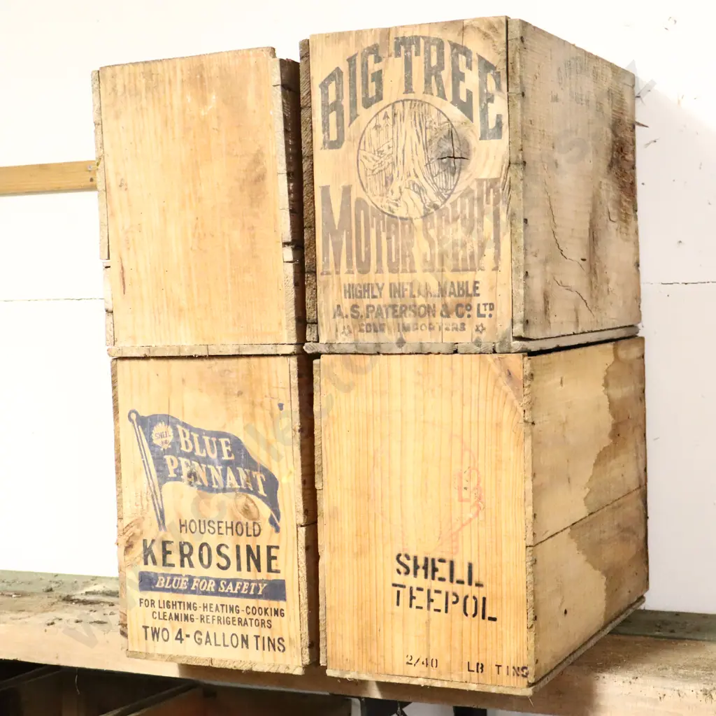 Petrol Boxes X4. Red Ball Aviation Motor Spirit, Big Tree, Shell Blue Pennant and Shell Teepol Image 1++