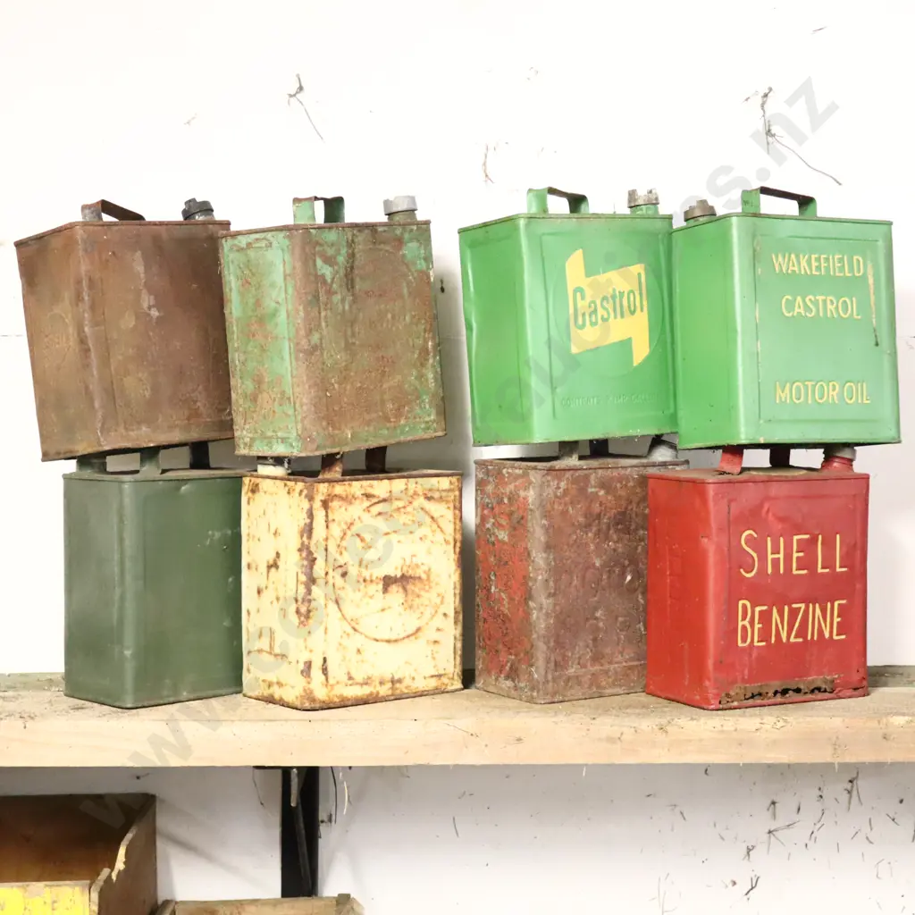 2 Gallon Runnerboard Tins x 8. Plain, Castrol x 3, Wakefield Castrol, War Department, Shell Motor Spirit, Shell Benzine Image 1++