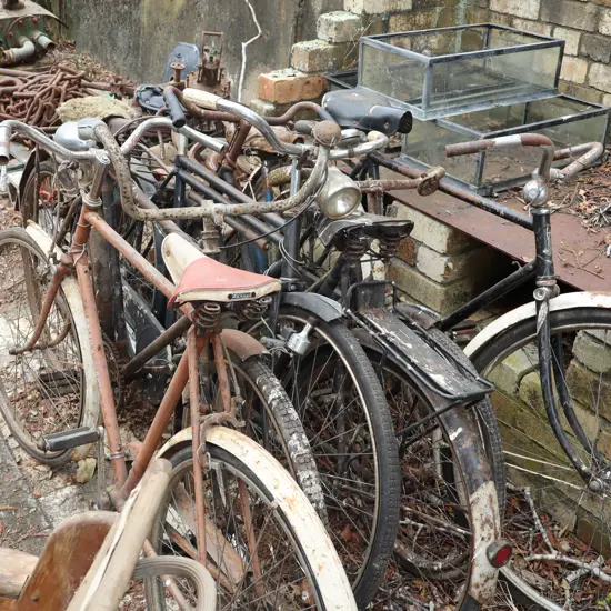 5 x Vintage Mens Bicycles, 1 x Vintage Ladies Bicycle, Wheel chairs x 2 and Pram Bottom.