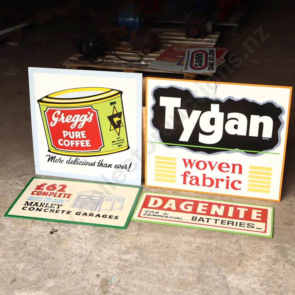 4 x Handpainted Signs by Ray Bovey. Tygan, Gregg's, Marley Concrete Garages And Dagenite Batteries Image 1++