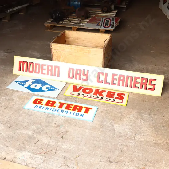 4 x Handpainted Signs by Ray Bovey. Modern Dry Cleaners, FAC, VOKES, G B Teat