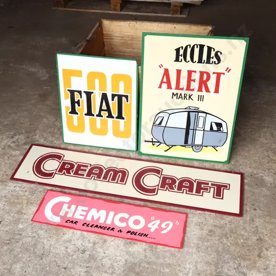 4 x Handpainted Signs by Ray Bovey. Eccles Alert, Fiat 500, Cream Craft, Chemico