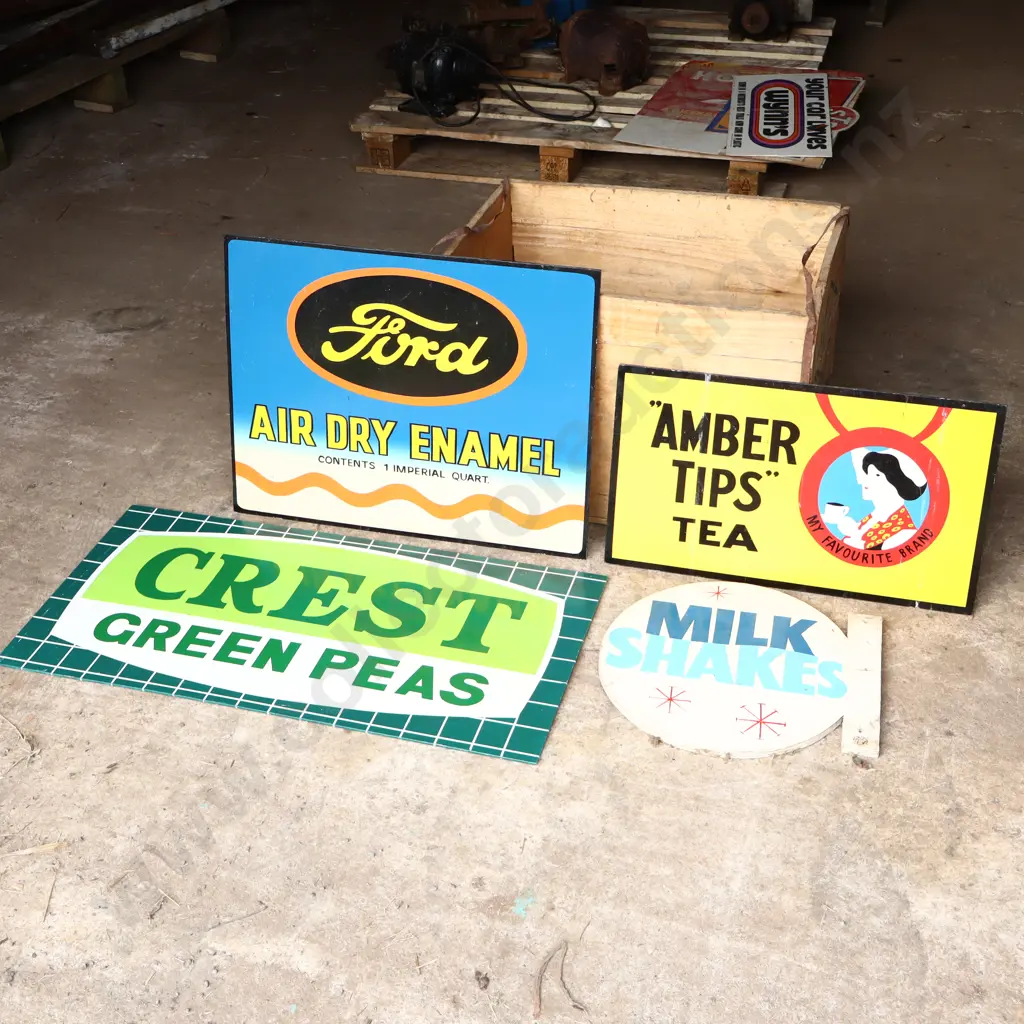 4 x Handpainted Signs by Ray Bovey. Ford, Amber Tips Tea, Crest Green Peas, Milk Shakes. Image 1++