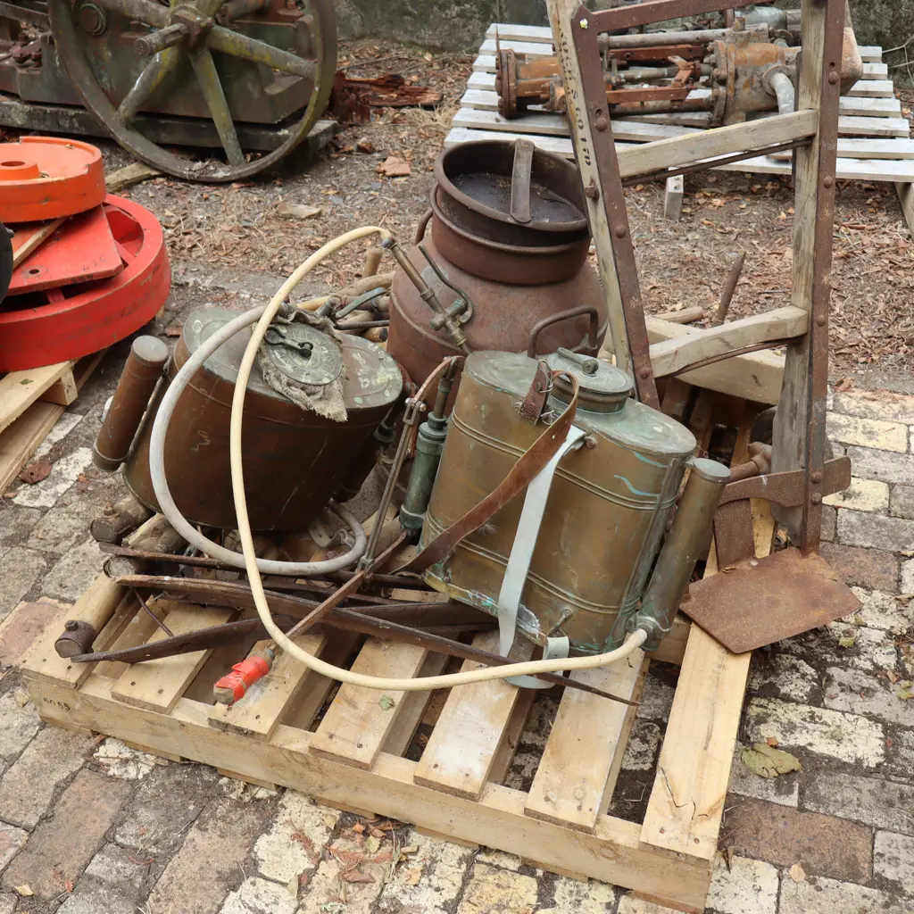Pallet. Cream Can, Brass Sprayers, Sack Truck Ect. Image 1++