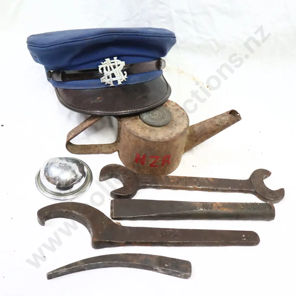 NZR. Early Cast Iron Pourer, NZR Hat And Cap Badge, NZR Ashtray, NZR Tools. Image 1++