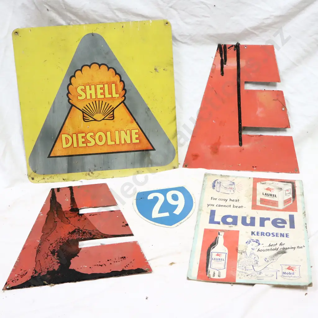 Automotive Advertising Signs x 5, Europa x 2, Shell Diesoline and Mobil Laurel Kerosene and SH29. Image 1++