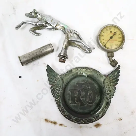 Reo Ashtray, Whippet Hood Ornament With No 1 On His Coat, Tyre Pressure Guage And Schrader Tyre Pressure Gauge.