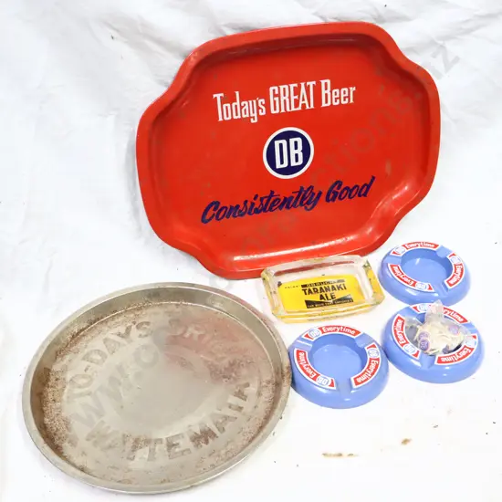 Waitemata Todays Drink Tray, DB Tray, DB Ashtrays x 3, DB Pins NOS, Taranaki Ale Ashtray.