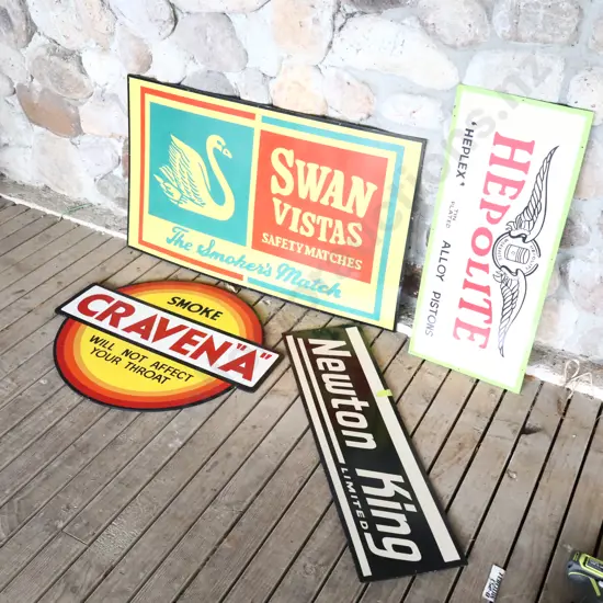 4 x Handpainted Signs by Ray Bovey. Swan Vestas, Hepolite, Craven A, Newton King