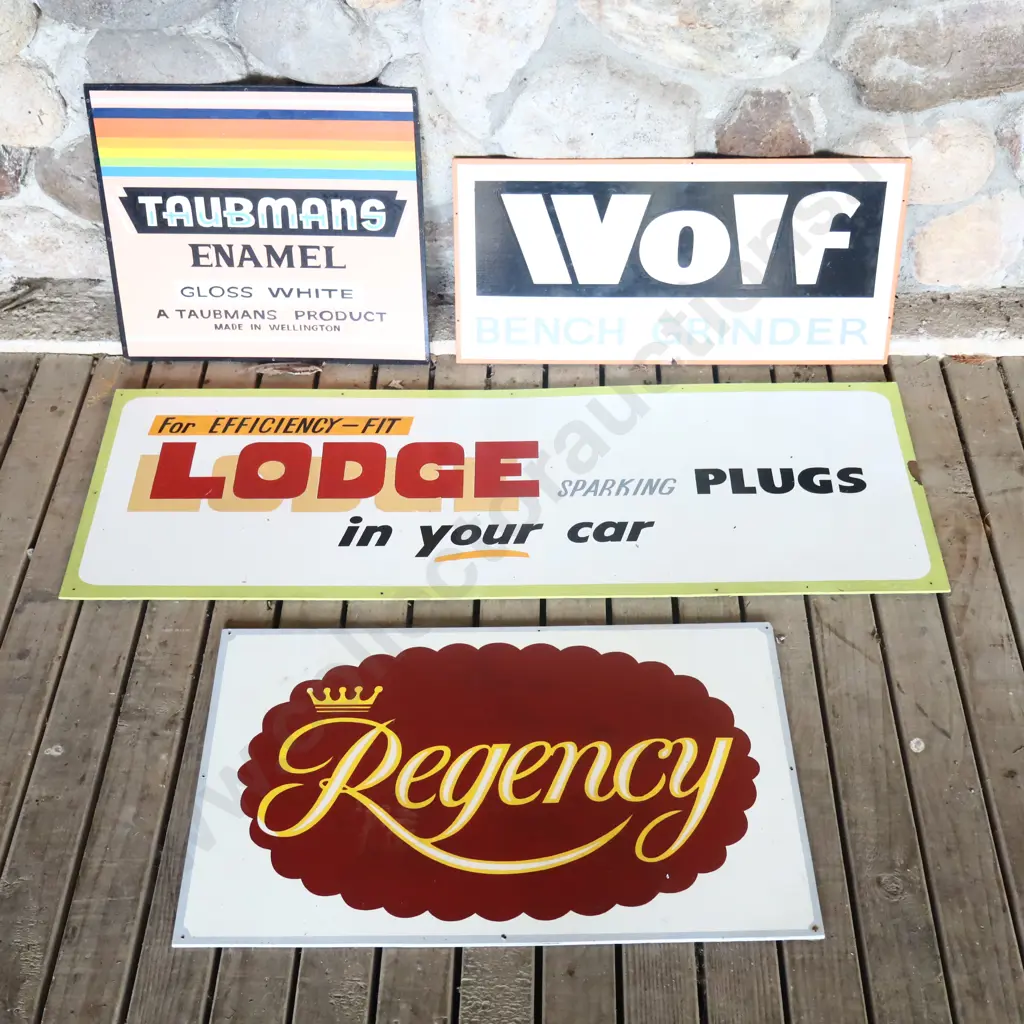 4 x Handpainted Signs by Ray Bovey. Taubmans, Wolf, Lodge Spark Plugs, Regancy Image 1++