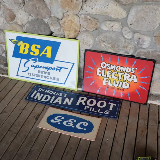 4 x Handpainted Signs by Ray Bovey. BSA, Osmonds, Dr Morse's, GEC