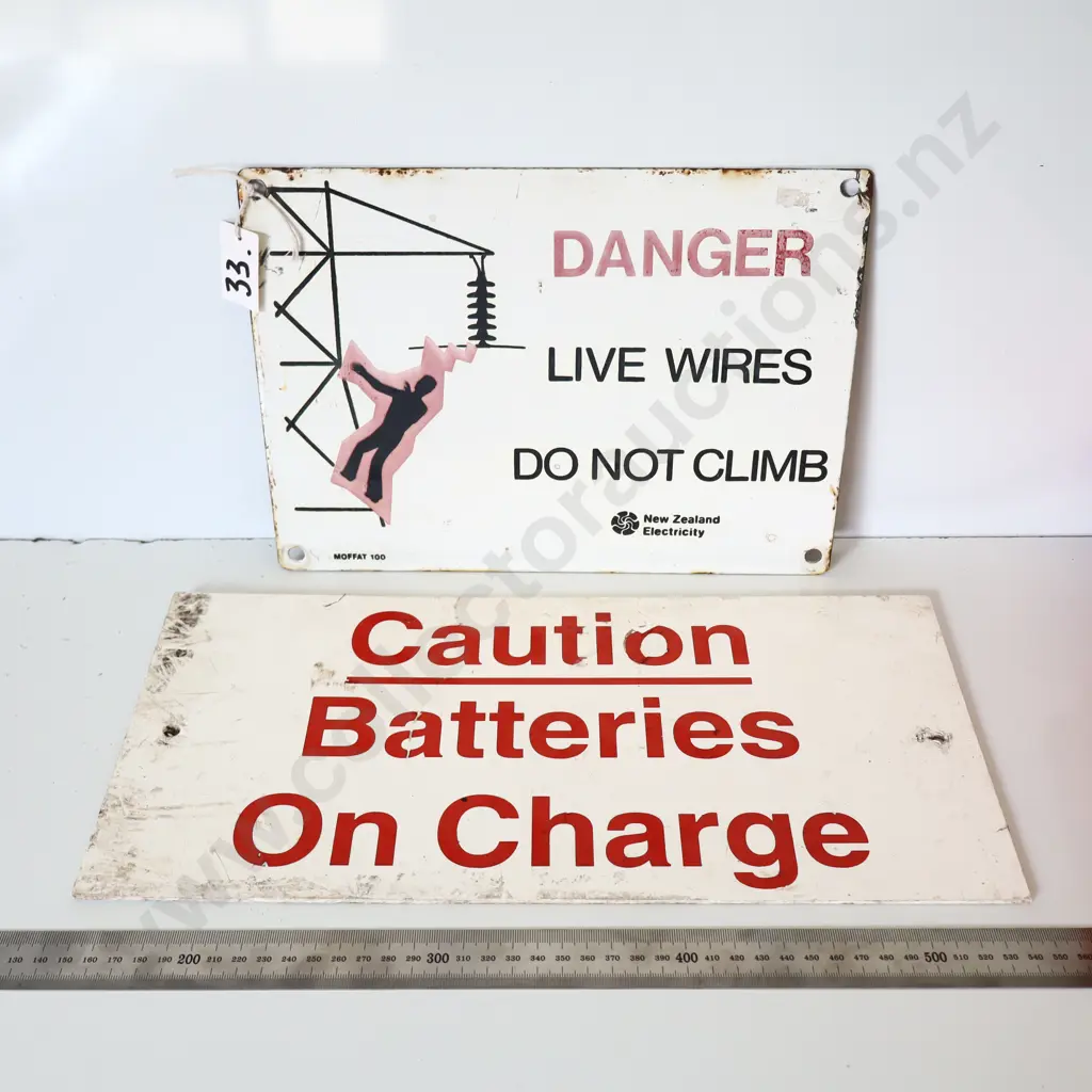 Vintage Industrial Safety Signs Live Wires Enamel & Batteries Tin Image 1++