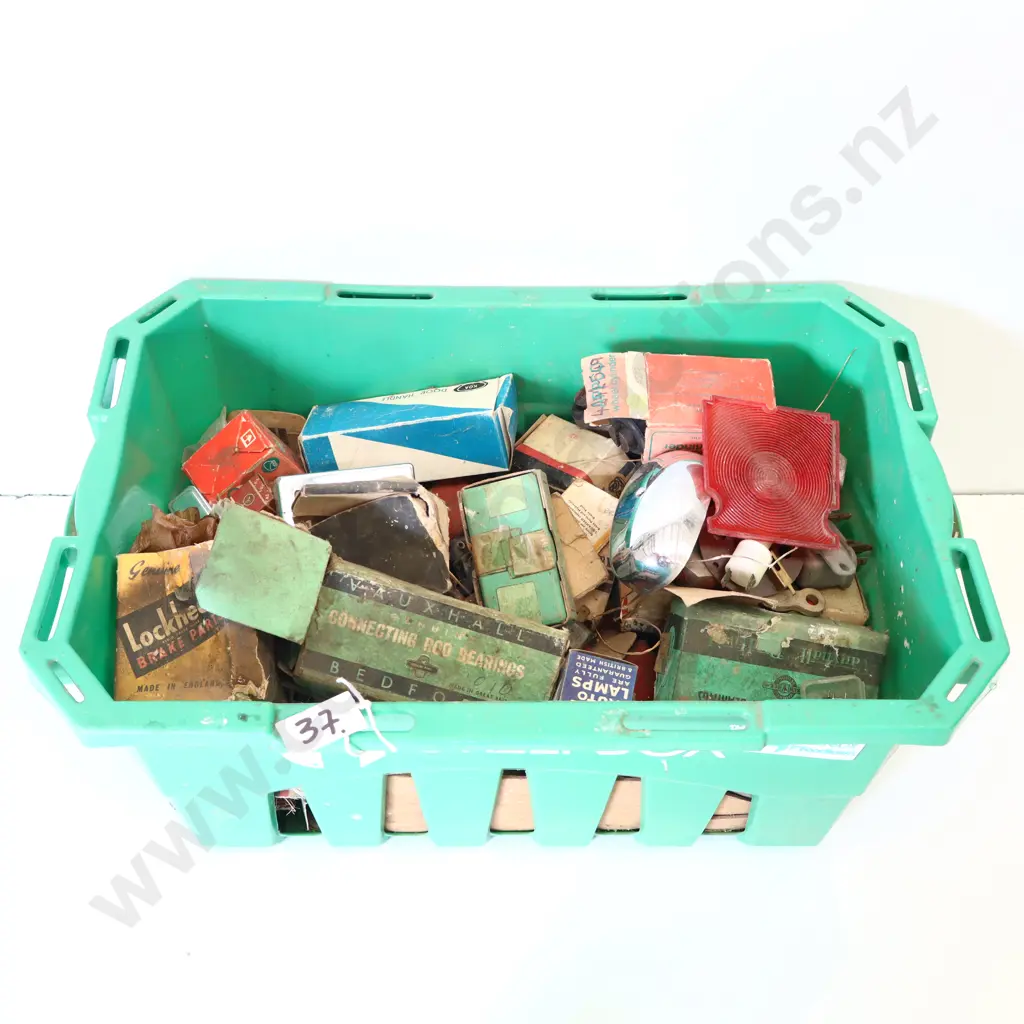 Crate of Vintage Automotive Parts & Packaging Image 1++