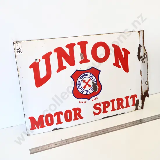 Union Motor Spirit Post Mount Flanged Enamel Sign